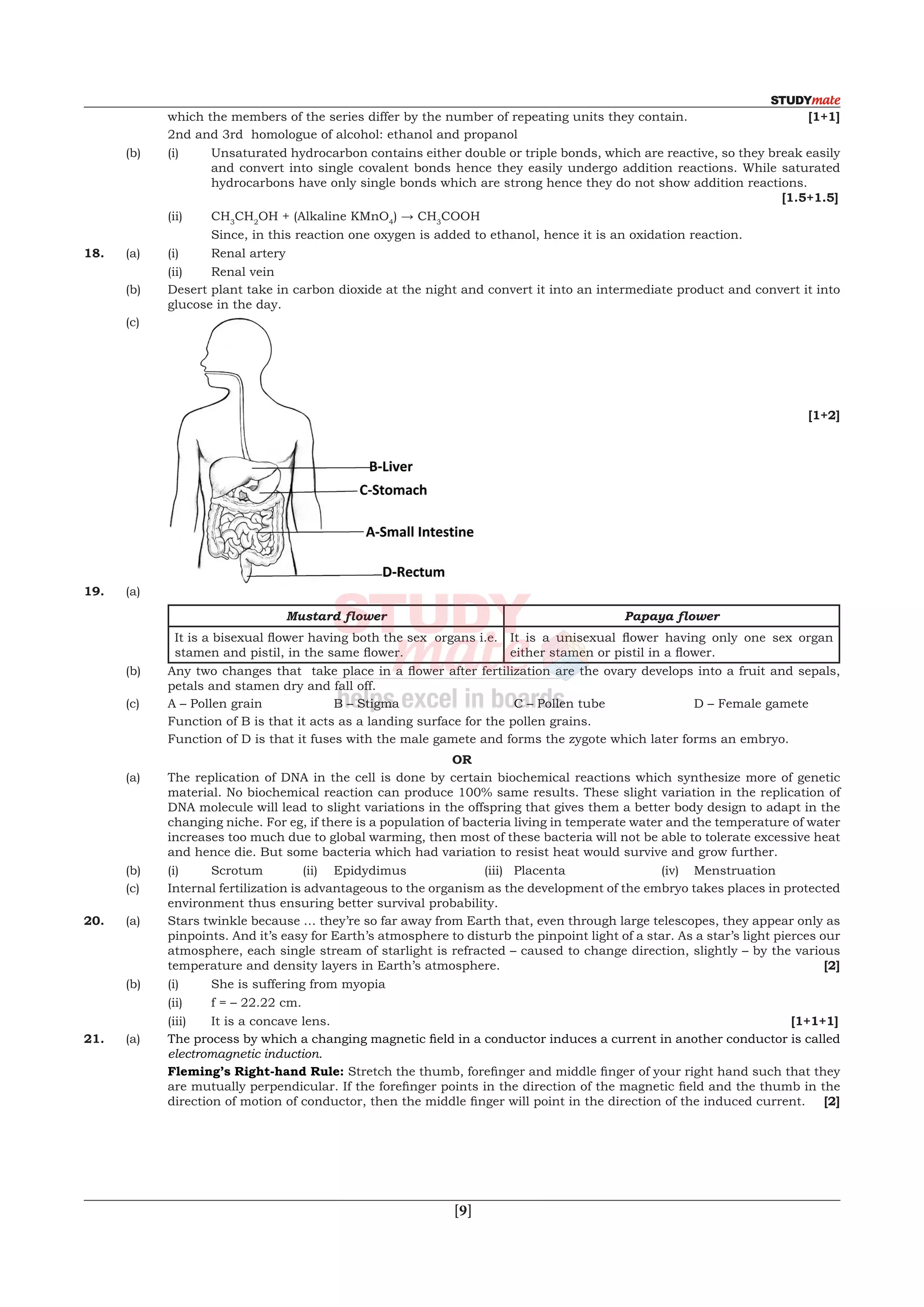  [9]
which the members of the series differ by the number of repeating units they contain.		 [1+1]
		2nd and 3rd  homologue of alcohol: ethanol and propanol
	 (b)	 (i)	 Unsaturated hydrocarbon contains either double or triple bonds, which are reactive, so they break easily
and convert into single covalent bonds hence they easily undergo addition reactions. While saturated
hydrocarbons have only single bonds which are strong hence they do not show addition reactions. 		
							 [1.5+1.5]
		(ii)	CH3
CH2
OH + (Alkaline KMnO4
) → CH3
COOH
			Since, in this reaction one oxygen is added to ethanol, hence it is an oxidation reaction.
18.	 (a)	 (i)	 Renal artery
		(ii)	Renal vein
	 (b)	 Desert plant take in carbon dioxide at the night and convert it into an intermediate product and convert it into
glucose in the day.
	(c)	 					
[1+2]
19.	(a)	
Mustard flower Papaya flower
It is a bisexual flower having both the sex  organs i.e.
stamen and pistil, in the same flower.
It is a unisexual flower having only one sex organ
either stamen or pistil in a flower.
	 (b)	 Any two changes that  take place in a flower after fertilization are the ovary develops into a fruit and sepals,
petals and stamen dry and fall off.
	 (c)	 A – Pollen grain		 B – Stigma		 C – Pollen tube		 D – Female gamete
		 Function of B is that it acts as a landing surface for the pollen grains.
		 Function of D is that it fuses with the male gamete and forms the zygote which later forms an embryo.
OR
	 (a)	 The replication of DNA in the cell is done by certain biochemical reactions which synthesize more of genetic
material. No biochemical reaction can produce 100% same results. These slight variation in the replication of
DNA molecule will lead to slight variations in the offspring that gives them a better body design to adapt in the
changing niche. For eg, if there is a population of bacteria living in temperate water and the temperature of water
increases too much due to global warming, then most of these bacteria will not be able to tolerate excessive heat
and hence die. But some bacteria which had variation to resist heat would survive and grow further.
	 (b)	 (i)	 Scrotum	 (ii)	 Epidydimus	 (iii)	Placenta	 (iv)	 Menstruation
	 (c)	 Internal fertilization is advantageous to the organism as the development of the embryo takes places in protected
environment thus ensuring better survival probability.
20.	 (a)	 Stars twinkle because … they’re so far away from Earth that, even through large telescopes, they appear only as
pinpoints. And it’s easy for Earth’s atmosphere to disturb the pinpoint light of a star. As a star’s light pierces our
atmosphere, each single stream of starlight is refracted – caused to change direction, slightly – by the various
temperature and density layers in Earth’s atmosphere. 				 [2]
	 (b)	 (i)	 She is suffering from myopia
	 	 (ii)	 f = – 22.22 cm.
		 (iii)	 It is a concave lens.						 [1+1+1]
21.	(a)	 The process by which a changing magnetic field in a conductor induces a current in another conductor is called
electromagnetic induction.
		Fleming’s Right-hand Rule: Stretch the thumb, forefinger and middle finger of your right hand such that they
are mutually perpendicular. If the forefinger points in the direction of the magnetic field and the thumb in the
direction of motion of conductor, then the middle finger will point in the direction of the induced current.	 [2]
 