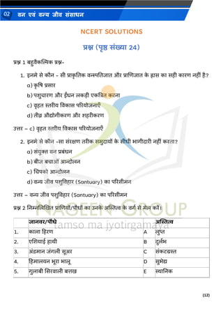 (12)
िन एिं िन्य िीि संसाधन
02
NCERT SOLUTIONS
प्रश्न (पृष्ठ सांख्या 24)
प्रश्न 1 बहुवैकल्पिक प्रश्न-
1. इिमे से कौि - सी प्राक
ृ नतक वन्स्स्पनतजात और प्राणणजात क
े ह्रास का सही कारण िहीं है?
a) क
ृ षष प्रसार
b) पशुचारण और ईंधि लकडी एकत्रत्रत करिा
c) वृहत स्तरीय ववकास पररयोजिाएाँ
d) तीव्र औद्योगीकरण और शहरीकरण
उत्तर – c) वृहत स्तरीय ववकास पररयोजिाएाँ
2. इिमे से कौि -सा संरक्षण तरीक समुदायों क
े सीधी र्ागीदारी िहीं करता?
a) संयुि वि प्रबंधि
b) बीज बचाओं आन्दोलि
c) मचपको आन्दोलि
d) वन्य जीव पशुववहार (Santuary) का पररसीमि
उत्तर – वन्य जीव पशुववहार (Santuary) का पररसीमि
प्रश्न 2 निम्नणलखखत प्राणणयों/पौधों का उिक
े अस्थस्तत्व क
े वगथ से मेल करें।
जानवि/पौधे अस्तस्तत्व
1. काला हहरण A लुप्त
2. एणशयाई हार्ी B दुलथर्
3. अंडमाि जंगली सूअर C संकटग्रस्त
4. हहमालयि र्ूरा र्ालू D सुर्ेद्य
5. गुलाबी ससरवाली बत्तख E स्थानिक
 