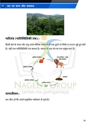 (2)
िन एिं िन्य िीि संसाधन
02
पारितांत्र (पारिस्थिवतकी तांत्र):-
दकसी क्षेत्र क
े पादप और जंतु अपिे र्ौनतक पयाथवरण में एक दूसरे पर निर्थर व परस्पर जुडे हुए होते
हैं। यही एक पाररस्थस्थनतकी तंत्र बिाता है। मािव र्ी इस तंत्र का एक प्रमुख र्ाग हैं।
वन्यजीवन:-
वि जीव जो दक अपिे प्राक
ृ नतक पयाथवरण में रहते हैं।
 