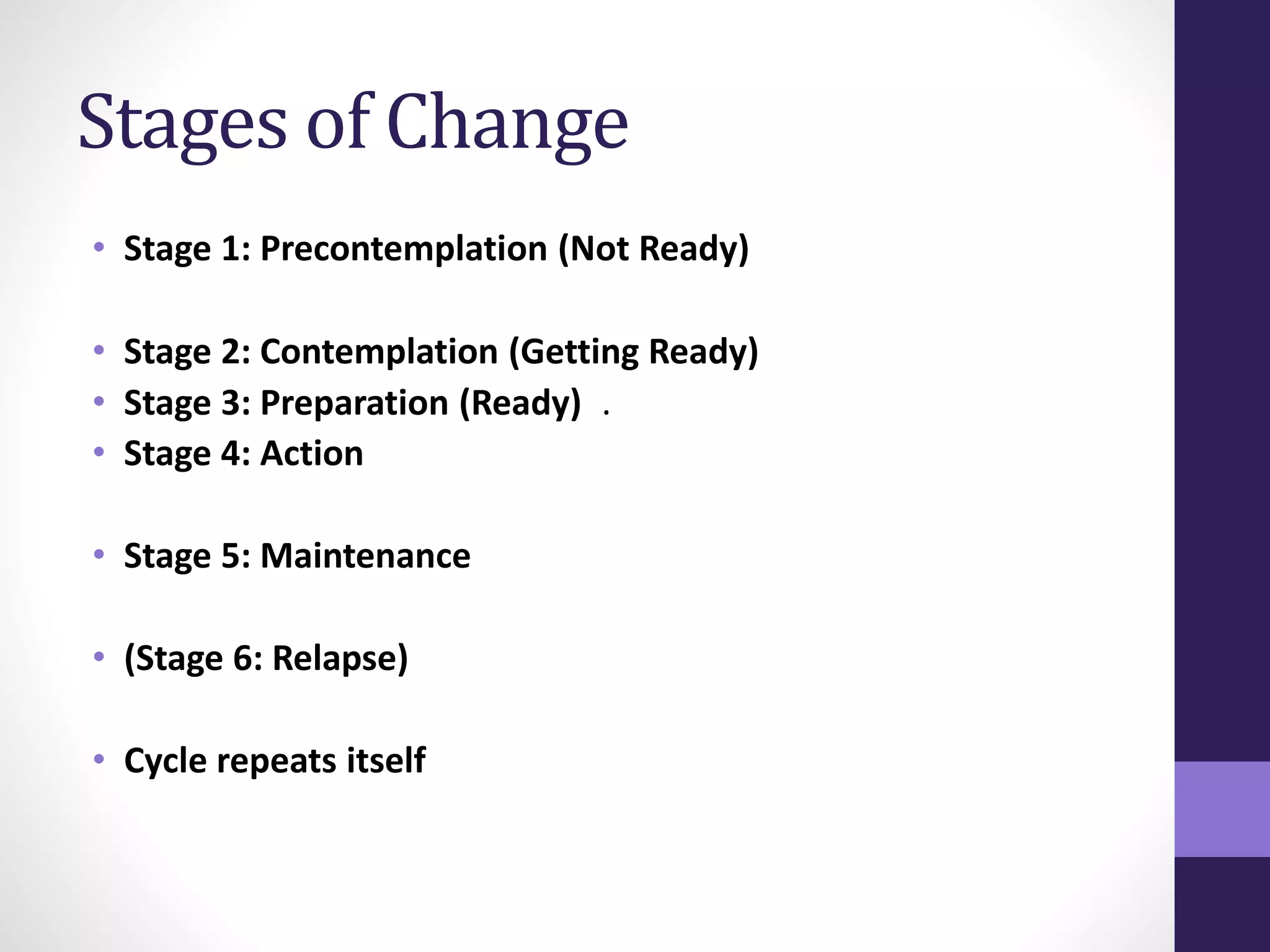 Stages of Change 
• Stage 1: Precontemplation (Not Ready) 
• Stage 2: Contemplation (Getting Ready) 
• Stage 3: Preparation (Ready) . 
• Stage 4: Action 
• Stage 5: Maintenance 
• (Stage 6: Relapse) 
• Cycle repeats itself 
 