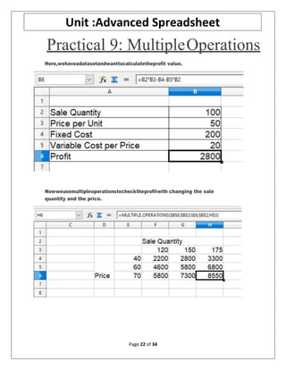Page 22 of 34
Unit :Advanced Spreadsheet
Practical 9: MultipleOperations
Here,wehaveadatasetandwanttocalculatetheprofit value.
Nowweusemultipleoperationstochecktheprofitwith changing the sale
quantity and the price.
 