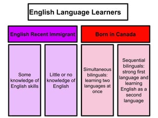 English Language Learners
English Recent Immigrant Born in Canada
Little or no
knowledge of
English
Some
knowledge of
English skills
Sequential
bilinguals:
strong first
language and
learning
English as a
second
language
Simultaneous
bilinguals:
learning two
languages at
once
 