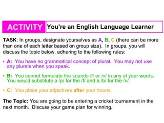 ACTIVITY You're an English Language Learner
TASK: In groups, designate yourselves as A, B, C (there can be more
than one of each letter based on group size). In groups, you will
discuss the topic below, adhering to the following rules:
• A: You have no grammatical concept of plural. You may not use
any plurals when you speak.
• B: You cannot formulate the sounds /f/ or /v/ in any of your words.
You would substitute a /p/ for the /f/ and a /b/ for the /v/.
• C: You place your adjectives after your nouns.
The Topic: You are going to be entering a cricket tournament in the
next month. Discuss your game plan for winning.
 