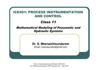 ICE401: PROCESS INSTRUMENTATION
AND CONTROL
Class 11
Mathematical Modeling of Pneumatic and
Hydraulic Systems
Dr. S. Meenatchisundaram
Email: meenasundar@gmail.com
Process Instrumentation and Control (ICE 401)
Dr. S.Meenatchisundaram, MIT, Manipal, Jan – May 2015
 