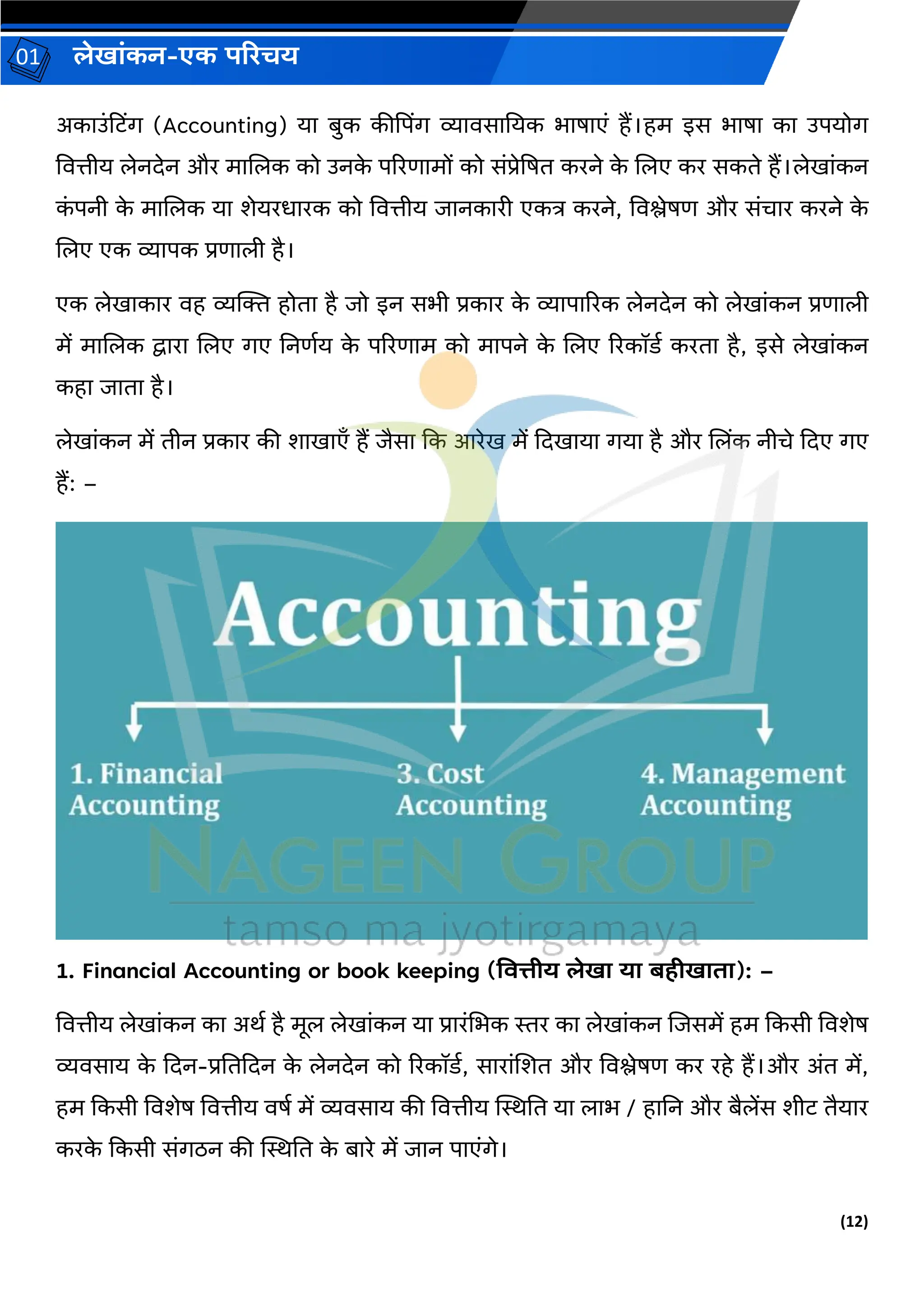 (12)
लेख ांकन-एक परिचय
01
अक उांहटिंर् (Accounting) य बुक कीद्रपिंर् व्य िस नयक भ ष एां हैं।हम इस भ ष क उपयोर्
वित्तीय लेनदेन और म जलक को उनक
े पररण मों को सांप्रेद्रषत करने क
े जलए कर सकते हैं।लेख ांकन
क
ां पनी क
े म जलक य शेयरध रक को वित्तीय ि नक री एकत्र करने, विश्लेषण और सांच र करने क
े
जलए एक व्य पक प्रण ली है।
एक लेख क र िह व्यक्तक्त होत है िो इन सभी प्रक र क
े व्य प ररक लेनदेन को लेख ांकन प्रण ली
में म जलक द्व र जलए र्ए ननणवय क
े पररण म को म पने क
े जलए ररकॉडव करत है, इसे लेख ांकन
कह ि त है।
लेख ांकन में तीन प्रक र की श ख एँ हैं िैस कक आरेख में कदख य र्य है और जलिंक नीचे कदए र्ए
हैं: –
1. Financial Accounting or book keeping (वित्तीय लेख य बहीख त ): –
वित्तीय लेख ांकन क अर्व है मूल लेख ांकन य प्र रांचभक स्तर क लेख ांकन जिसमें हम ककसी विशेष
व्यिस य क
े कदन-प्रनतकदन क
े लेनदेन को ररकॉडव, स र ांजशत और विश्लेषण कर रहे हैं।और अांत में,
हम ककसी विशेष वित्तीय िषव में व्यिस य की वित्तीय स्थिनत य ल भ / ह नन और बैलेंस शीट तैय र
करक
े ककसी सांर्िन की स्थिनत क
े ब रे में ि न प एांर्े।
 