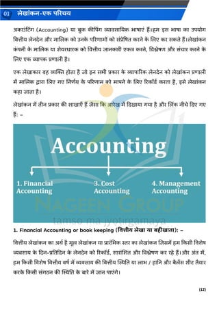 (12)
लेख ांकन-एक परिचय
01
अक उांहटिंर् (Accounting) य बुक कीद्रपिंर् व्य िस नयक भ ष एां हैं।हम इस भ ष क उपयोर्
वित्तीय लेनदेन और म जलक को उनक
े पररण मों को सांप्रेद्रषत करने क
े जलए कर सकते हैं।लेख ांकन
क
ां पनी क
े म जलक य शेयरध रक को वित्तीय ि नक री एकत्र करने, विश्लेषण और सांच र करने क
े
जलए एक व्य पक प्रण ली है।
एक लेख क र िह व्यक्तक्त होत है िो इन सभी प्रक र क
े व्य प ररक लेनदेन को लेख ांकन प्रण ली
में म जलक द्व र जलए र्ए ननणवय क
े पररण म को म पने क
े जलए ररकॉडव करत है, इसे लेख ांकन
कह ि त है।
लेख ांकन में तीन प्रक र की श ख एँ हैं िैस कक आरेख में कदख य र्य है और जलिंक नीचे कदए र्ए
हैं: –
1. Financial Accounting or book keeping (वित्तीय लेख य बहीख त ): –
वित्तीय लेख ांकन क अर्व है मूल लेख ांकन य प्र रांचभक स्तर क लेख ांकन जिसमें हम ककसी विशेष
व्यिस य क
े कदन-प्रनतकदन क
े लेनदेन को ररकॉडव, स र ांजशत और विश्लेषण कर रहे हैं।और अांत में,
हम ककसी विशेष वित्तीय िषव में व्यिस य की वित्तीय स्थिनत य ल भ / ह नन और बैलेंस शीट तैय र
करक
े ककसी सांर्िन की स्थिनत क
े ब रे में ि न प एांर्े।
 