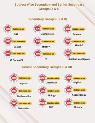 Subject Wise Secondary and Senior Secondary
Groups IX & X
Secondary Groups (IX & X)
SST Mathematics Science
English Hindi-A
IT Code-402
Hindi-B
Senior Secondary Groups XI & XII
Physics Chemistry English
Mathematics Biology Accountancy
Economics
BST History
IT Artifical intelligence
 