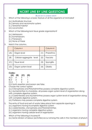 Class 11 Biology Topic Wise Line by Line Questions Chapter 4 Animal ...
