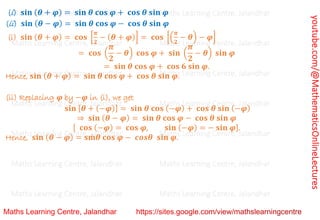 youtube.com/@MathematicsOnlineLectures
(i) 𝐬𝐢𝐧 (𝜽 + 𝝋) = 𝐬𝐢𝐧 𝜽 𝐜𝐨𝐬 𝝋 + 𝐜𝐨𝐬 𝜽 𝐬𝐢𝐧 𝝋
(ii) 𝐬𝐢𝐧 (𝜽 − 𝝋) = 𝐬𝐢𝐧 𝜽 𝐜𝐨𝐬 𝝋 − 𝐜𝐨𝐬 𝜽 𝐬𝐢𝐧 𝝋
(i) 𝐬𝐢𝐧 (𝜽 + 𝝋) = 𝐜𝐨𝐬 [
𝝅
𝟐
− (𝜽 + 𝝋)] = 𝐜𝐨𝐬 [(
𝝅
𝟐
− 𝜽) − 𝝋]
= 𝐜𝐨𝐬 (
𝝅
𝟐
− 𝜽) 𝐜𝐨𝐬 𝝋 + 𝐬𝐢𝐧 (
𝝅
𝟐
− 𝜽) 𝐬𝐢𝐧 𝝋
= 𝐬𝐢𝐧 𝜽 𝐜𝐨𝐬 𝝋 + 𝐜𝐨𝐬 𝟔 𝐬𝐢𝐧 𝝋.
Hence, 𝐬𝐢𝐧 (𝜽 + 𝝋) = 𝐬𝐢𝐧 𝜽 𝐜𝐨𝐬 𝝋 + 𝐜𝐨𝐬 𝜽 𝐬𝐢𝐧 𝝋.
(ii) Replacing 𝝋 by −𝝋 in (i), we get
𝐬𝐢𝐧 [𝜽 + (−𝝋)] = 𝐬𝐢𝐧 𝜽 𝐜𝐨𝐬 (−𝝋) + 𝐜𝐨𝐬 𝜽 𝐬𝐢𝐧 (−𝝋)
⇒ 𝐬𝐢𝐧 (𝜽 − 𝝋) = 𝐬𝐢𝐧 𝜽 𝐜𝐨𝐬 𝝋 − 𝐜𝐨𝐬 𝜽 𝐬𝐢𝐧 𝝋
[ 𝐜𝐨𝐬 (−𝝋) = 𝐜𝐨𝐬 𝝋, 𝐬𝐢𝐧 (−𝝋) = − 𝐬𝐢𝐧 𝝋].
Hence, 𝐬𝐢𝐧 (𝜽 − 𝝋) = 𝐬𝐦
̇ 𝜽 𝐜𝐨𝐬 𝝋 − 𝒄𝒐𝒔𝜽 𝐬𝐢𝐧 𝝋.
Maths Learning Centre, Jalandhar Maths Learning Centre, Jalandhar Maths Learning Centre, Jalandhar
Maths Learning Centre, Jalandhar Maths Learning Centre, Jalandhar Maths Learning Centre, Jalandhar
Maths Learning Centre, Jalandhar Maths Learning Centre, Jalandhar Maths Learning Centre, Jalandhar
Maths Learning Centre, Jalandhar Maths Learning Centre, Jalandhar Maths Learning Centre, Jalandhar
Maths Learning Centre, Jalandhar Maths Learning Centre, Jalandhar Maths Learning Centre, Jalandhar
Maths Learning Centre, Jalandhar Maths Learning Centre, Jalandhar Maths Learning Centre, Jalandhar
Maths Learning Centre, Jalandhar Maths Learning Centre, Jalandhar Maths Learning Centre, Jalandhar
 