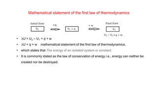 Mathematical statement of the first law of thermodynamics
• DU = U2 – U1 = q + w
• DU = q + w mathematical statement of the first law of thermodynamics,
• which states that The energy of an isolated system is constant.
• It is commonly stated as the law of conservation of energy i.e., energy can neither be
created nor be destroyed.
 
