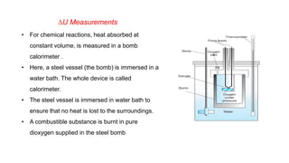 DU Measurements
• For chemical reactions, heat absorbed at
constant volume, is measured in a bomb
calorimeter .
• Here, a steel vessel (the bomb) is immersed in a
water bath. The whole device is called
calorimeter.
• The steel vessel is immersed in water bath to
ensure that no heat is lost to the surroundings.
• A combustible substance is burnt in pure
dioxygen supplied in the steel bomb
 