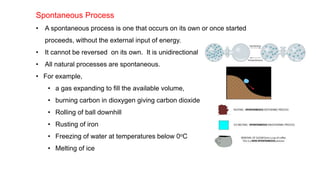 Spontaneous Process
• A spontaneous process is one that occurs on its own or once started
proceeds, without the external input of energy.
• It cannot be reversed on its own. It is unidirectional
• All natural processes are spontaneous.
• For example,
• a gas expanding to fill the available volume,
• burning carbon in dioxygen giving carbon dioxide
• Rolling of ball downhill
• Rusting of iron
• Freezing of water at temperatures below 0oC
• Melting of ice
 