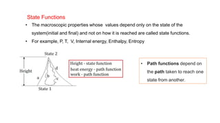 State Functions
• The macroscopic properties whose values depend only on the state of the
system(initial and final) and not on how it is reached are called state functions.
• For example, P, T, V, Internal energy, Enthalpy, Entropy
• Path functions depend on
the path taken to reach one
state from another.
 
