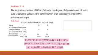Problem 7.18
The ionization constant of HF is . Calculate the degree of dissociation of HF in its
0.02 M solution. Calculate the concentration of all species present () in the
solution and its pH.
Solution
 