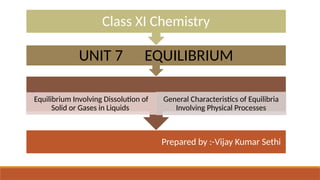 Prepared by :-Vijay Kumar Sethi
Topics:-
Equilibrium Involving Dissolution of
Solid or Gases in Liquids
General Characteristics of Equilibria
Involving Physical Processes
UNIT 7 EQUILIBRIUM
Class XI Chemistry
 
