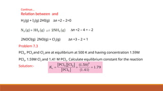 Continue...
Relation between and
H2(g) + I2(g) 2HI(g) Dn =2 – 2=0
Dn =2 – 4 = – 2
2NOCl(g) 2NO(g) + Cl2(g) Dn =3 – 2 = 1
Problem 7.3
PCl5, PCl3 and Cl2 are at equilibrium at 500 K and having concentration 1.59M
PCl3, 1.59M Cl2 and 1.41 M PCl5. Calculate equilibrium constant for the reaction
Solution:-
 