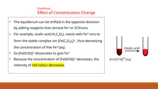 • The equilibrium can be shifted in the opposite direction
by adding reagents that remove Fe3+
or SCNions.
• For example, oxalic acid (H2C2O4), reacts with Fe3+
ions to
form the stable complex ion [Fe(C2O4)3]3–
, thus decreasing
the concentration of free Fe3+
(aq).
• So [Fe(SCN)]2+
dissociates to give Fe3+
• Because the concentration of [Fe(SCN)]2+
decreases, the
intensity of red colour decreases.
Continue…
Effect of Concentration Change
 