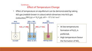Continue…
Effect of Temperature Change
• Effect of temperature on equilibrium can be demonstrated by taking
NO2 gas (reddish brown in colour) which dimerises into N2O4 gas
(colourless).
• At low temperatures
formation of N2O4 is
preferred,
• High temperature favour
the formation of NO2
 