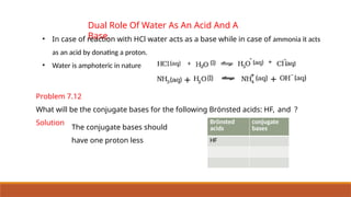 Dual Role Of Water As An Acid And A
Base.
• In case of reaction with HCl water acts as a base while in case of ammonia it acts
as an acid by donating a proton.
• Water is amphoteric in nature
Problem 7.12
What will be the conjugate bases for the following Brönsted acids: HF, and ?
Solution Brönsted
acids
conjugate
bases
HF
The conjugate bases should
have one proton less
 