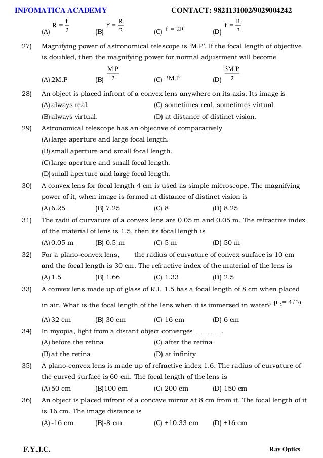 Class 11 important questions for physics Ray Optics
