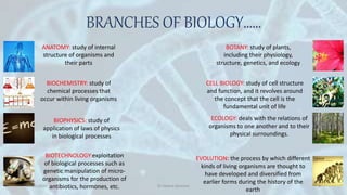 BRANCHES OF BIOLOGY……
ANATOMY: study of internal
structure of organisms and
their parts
BIOCHEMISTRY: study of
chemical processes that
occur within living organisms
BIOPHYSICS: study of
application of laws of physics
in biological processes
BIOTECHNOLOGY:exploitation
of biological processes such as
genetic manipulation of micro-
organisms for the production of
antibiotics, hormones, etc.
BOTANY: study of plants,
including their physiology,
structure, genetics, and ecology
CELL BIOLOGY: study of cell structure
and function, and it revolves around
the concept that the cell is the
fundamental unit of life
ECOLOGY: deals with the relations of
organisms to one another and to their
physical surroundings.
EVOLUTION: the process by which different
kinds of living organisms are thought to
have developed and diversified from
earlier forms during the history of the
earth
05-05-2020 Dr Heena Devnani 4
 