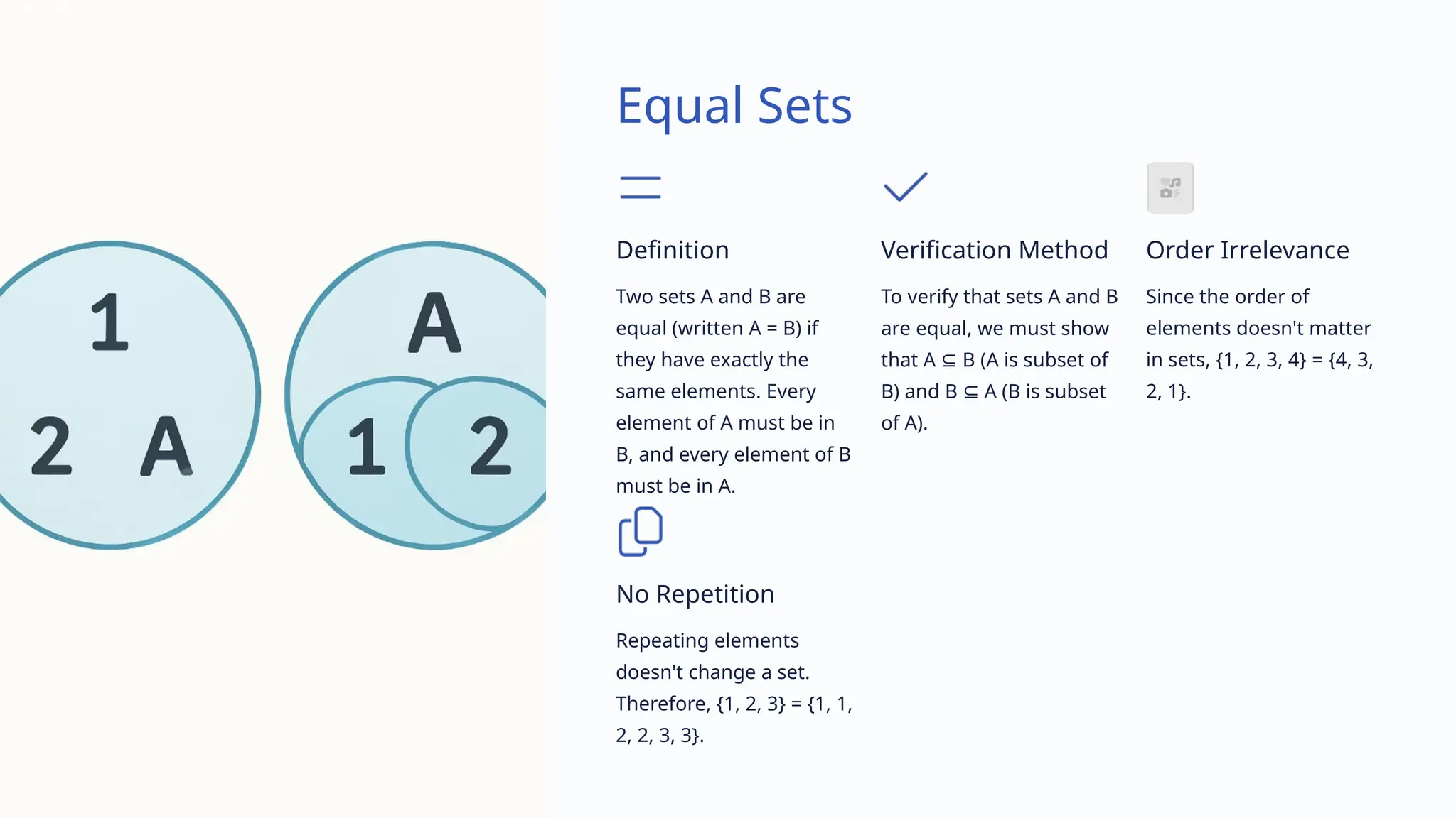 Equal Sets
Definition
Two sets A and B are
equal (written A = B) if
they have exactly the
same elements. Every
element of A must be in
B, and every element of B
must be in A.
Verification Method
To verify that sets A and B
are equal, we must show
that A B (A is subset of
⊆
B) and B A (B is subset
⊆
of A).
Order Irrelevance
Since the order of
elements doesn't matter
in sets, {1, 2, 3, 4} = {4, 3,
2, 1}.
No Repetition
Repeating elements
doesn't change a set.
Therefore, {1, 2, 3} = {1, 1,
2, 2, 3, 3}.
 