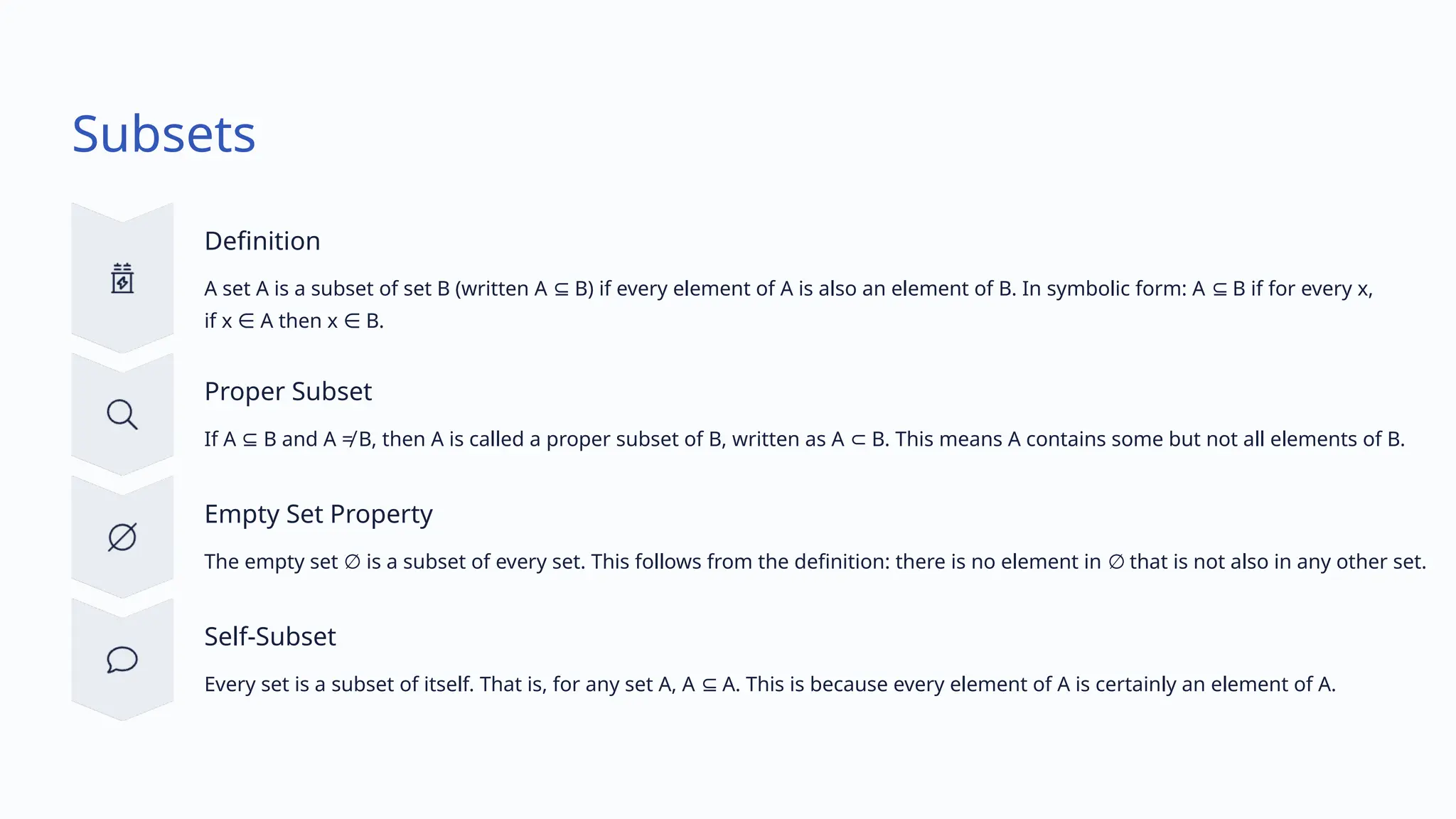Subsets
Definition
A set A is a subset of set B (written A B) if every element of A is also an element of B. In symbolic form: A B if for every x,
⊆ ⊆
if x A then x B.
∈ ∈
Proper Subset
If A B and A ≠ B, then A is called a proper subset of B, written as A B. This means A contains some but not all elements of B.
⊆ ⊂
Empty Set Property
The empty set is a subset of every set. This follows from the definition: there is no element in that is not also in any other set.
∅ ∅
Self-Subset
Every set is a subset of itself. That is, for any set A, A A. This is because every element of A is certainly an element of A.
⊆
 