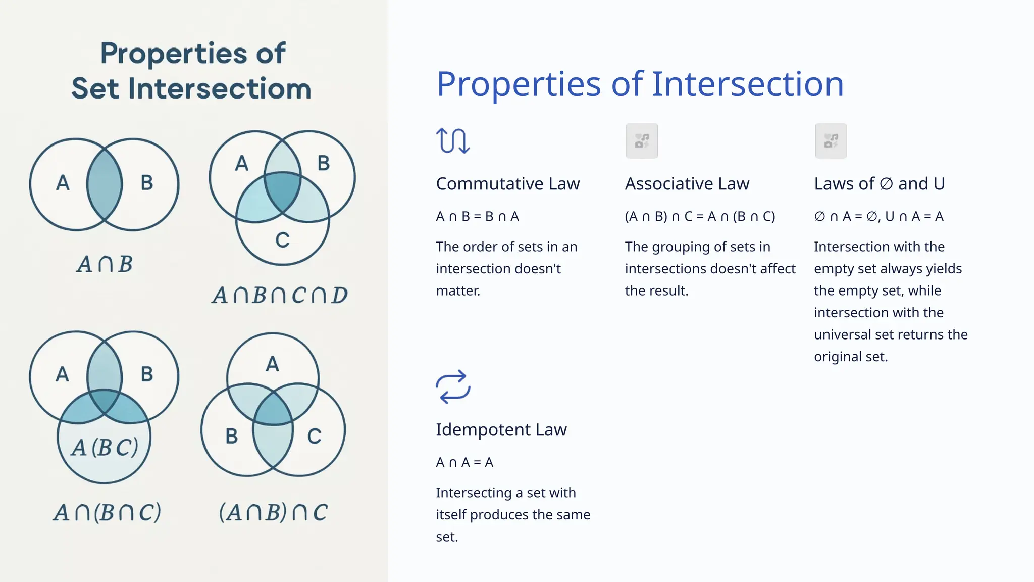 Properties of Intersection
Commutative Law
A B = B A
∩ ∩
The order of sets in an
intersection doesn't
matter.
Associative Law
(A B) C = A (B C)
∩ ∩ ∩ ∩
The grouping of sets in
intersections doesn't affect
the result.
Laws of and U
∅
∅ ∩ A = , U A = A
∅ ∩
Intersection with the
empty set always yields
the empty set, while
intersection with the
universal set returns the
original set.
Idempotent Law
A A = A
∩
Intersecting a set with
itself produces the same
set.
 