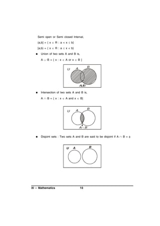 Semi open or Semi closed Interval,
(a,b] = { x  R : a < x  b}
[a,b) = { x  R : a  x < b}


Union of two sets A and B is,
A  B = { x : x  A or x  B }

B

A

U

AUB


Intersection of two sets A and B is,
A  B = { x : x  A and x  B}

B

A

U

A B


Disjoint sets : Two sets A and B are said to be disjoint if A  B = 

U

XI – Mathematics

B

A

10

 