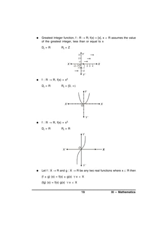 

Greatest Integer function, f : R  R; f(x) = [x], x  R assumes the value
of the greatest integer, less than or equal to x
Df = R

Rf = Z
3
2
1
–2 –1



f : R  R, f(x) = x2
Df = R



Rf = [0, 

f : R  R, f(x) = x3
Df = R



1 2 3 4
–1
–2

Rf = R

Let f : X  R and g : X  R be any two real functions where x  R then
(f ± g) (x) = f(x) ± g(x)  x  X
(fg) (x) = f(x) g(x)  x  X
19

XI – Mathematics

 