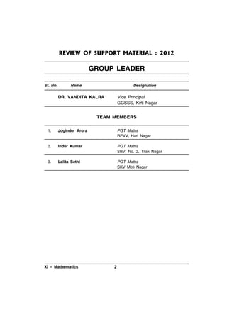 REVIEW OF SUPPORT MATERIAL : 2012

GROUP LEADER
Sl. No.

Name

Designation

DR. VANDITA KALRA

Vice Principal
GGSSS, Kirti Nagar

TEAM MEMBERS
1.

Joginder Arora

PGT Maths
RPVV, Hari Nagar

2.

Inder Kumar

PGT Maths
SBV, No. 2, Tilak Nagar

3.

Lalita Sethi

PGT Maths
SKV Moti Nagar

XI – Mathematics

2

 