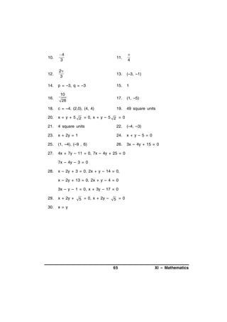 10.

4
3

11.


4

12.

2
3

13.

(–3, –1)

14.

p = –3, q = –3

15.

1

17.

(1, –5)

19.

49 square units

16.

10
26

18.

c = –4, (2,0), (4, 4)

20.

x + y + 5 2 = 0, x + y – 5 2 = 0

21.

4 square units

22.

(–4, –3)

23.

x + 2y = 1

24.

x + y – 5 = 0

25.

(1, –4), (–9 , 6)

26.

3x – 4y + 15 = 0

27.

4x + 7y – 11 = 0, 7x – 4y + 25 = 0
7x – 4y – 3 = 0

28.

x – 2y + 3 = 0, 2x + y – 14 = 0,
x – 2y + 13 = 0, 2x + y – 4 = 0
3x – y – 1 = 0, x + 3y – 17 = 0

29.

x + 2y +

30.

5 = 0, x + 2y –

5 = 0

x = y

65

XI – Mathematics

 