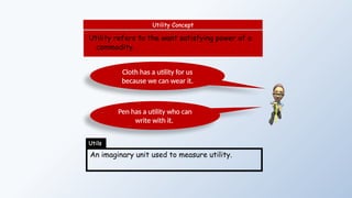 Utility refers to the want satisfying power of a
commodity.
Utility Concept
An imaginary unit used to measure utility.
Utils
Cloth has a utility for us
because we can wear it.
Pen has a utility who can
write with it.
 