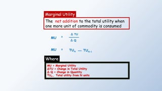 Marginal Utility
The net addition to the total utility when
one more unit of commodity is consumed
MU
∆ TU
∆ Q
MU = Marginal Utility
∆TU = Change in Total Utility
∆ Q = Change in Quantity
TUN = Total utility from N units
=
Where
MU = TUN TUN-1
 