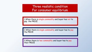 Three realistic condition
For consumer equilibrium
1.When there is single commodity and buyer has not to
pay the PRICE
2.When there is single commodity and buyer has to pay
the PRICE
3.When there is two commodity and buyer has to pay
their PRICE
 