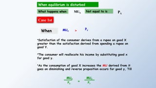 What happens when MUX PX
When equilibrium is disturbed
Not equal to is
Case 1st
MUX
PY
>
When
•Satisfaction of the consumer derives from a rupee on good X
greater than the satisfaction derived from spending a rupee on
good Y.
•The consumer will reallocate his income by substituting good x
for good y.
•As the consumption of good X increases the MU derived from it
goes on diminishing and reverse proposition occurs for good y, Till
MUX
PX
=
MUY
PY
 