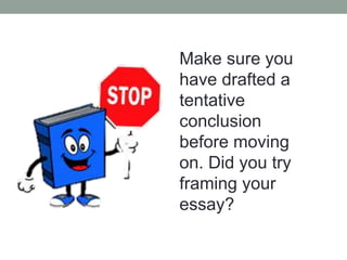 Make sure you
have drafted a
tentative
conclusion
before moving
on. Did you try
framing your
essay?
 