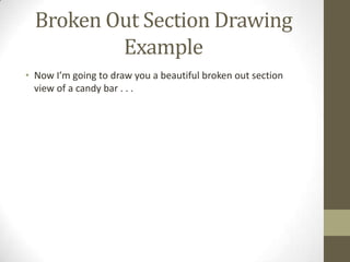 Broken Out Section Drawing
          Example
• Now I’m going to draw you a beautiful broken out section
  view of a candy bar . . .
 
