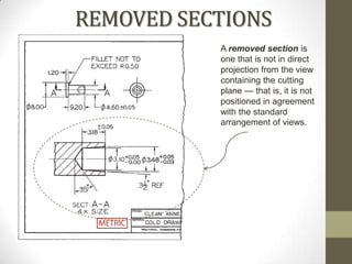 REMOVED SECTIONS
           A removed section is
           one that is not in direct
           projection from the view
           containing the cutting
           plane — that is, it is not
           positioned in agreement
           with the standard
           arrangement of views.
 