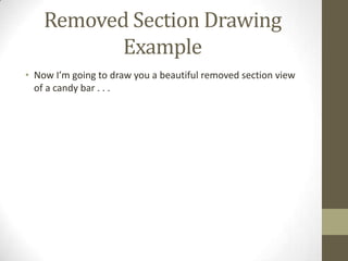 Removed Section Drawing
           Example
• Now I’m going to draw you a beautiful removed section view
  of a candy bar . . .
 