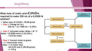 Using Molarity
What mass of oxalic acid (C2H2O4)
required to make 250 mL of a 0.0500 M
solution?
 Molar mass of C2H2O4 = 90.00 g/mol
 Step 1: Change mL to L
250 mL * 1L/ 1000 mL = 0.250 L
 Step 2: Calculate moles: Moles = M * V
Moles = (0.0500 mol/L) X (0.250 L)
= 0.0125 moles
 Step 3: Convert moles to grams
 n = mass/molar mass,
 Mass = n X molar mass
=(0.0125 mol) X (90.00 g/mol)
=1.125 g
 