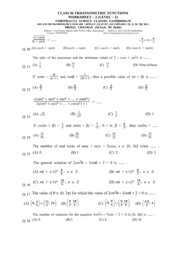 Class XI Trigonometry worksheet level 1 G Class XI Trigonometry worksheet level 1 G