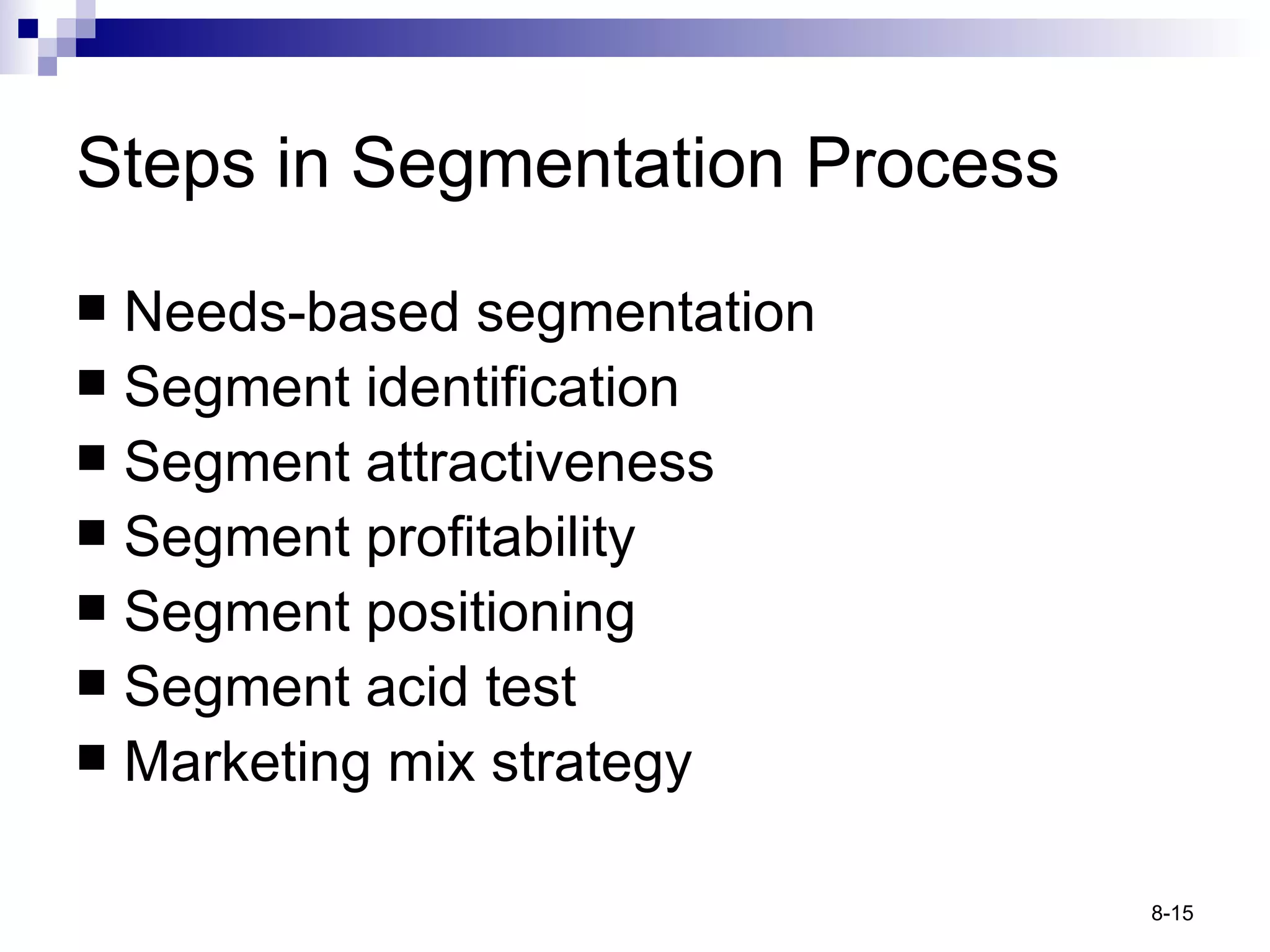Steps in Segmentation Process Needs-based segmentation Segment identification Segment attractiveness Segment profitability Segment positioning Segment acid test Marketing mix strategy 