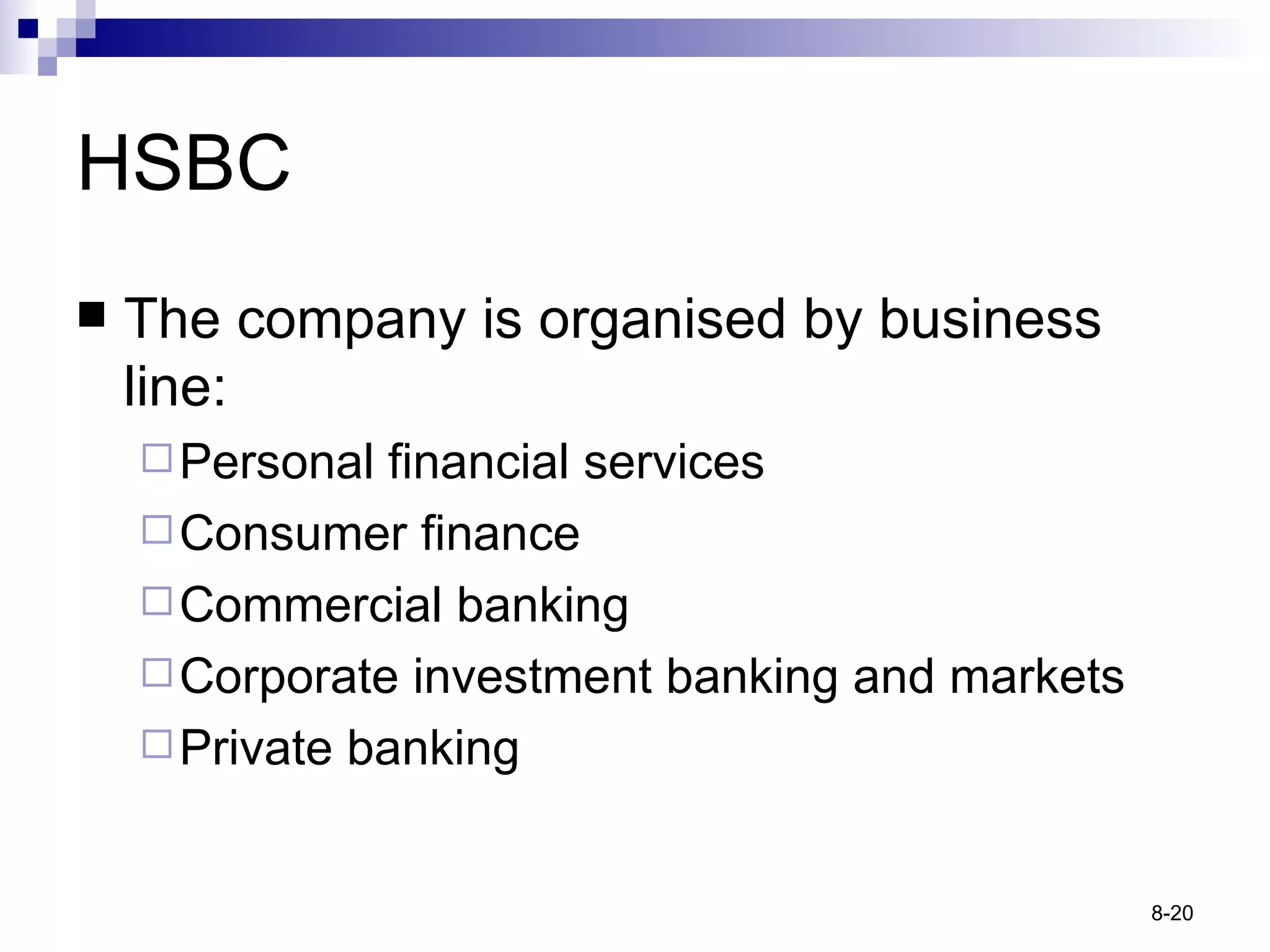 HSBC The company is organised by business line: Personal financial services Consumer finance Commercial banking Corporate investment banking and markets Private banking 
