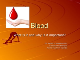 Blood
What is it and why is it important?
Dr. Ashish V. Jawarkar M.D.
Consultant Pathologist
Parul Sevashram Hospital

 