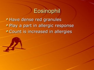 Eosinophil
Have dense red granules
Play a part in allergic response
Count is increased in allergies

 