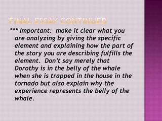 *** Important: make it clear what you
are analyzing by giving the specific
element and explaining how the part of
the story you are describing fulfills the
element. Don’t say merely that
Dorothy is in the belly of the whale
when she is trapped in the house in the
tornado but also explain why the
experience represents the belly of the
whale.

 