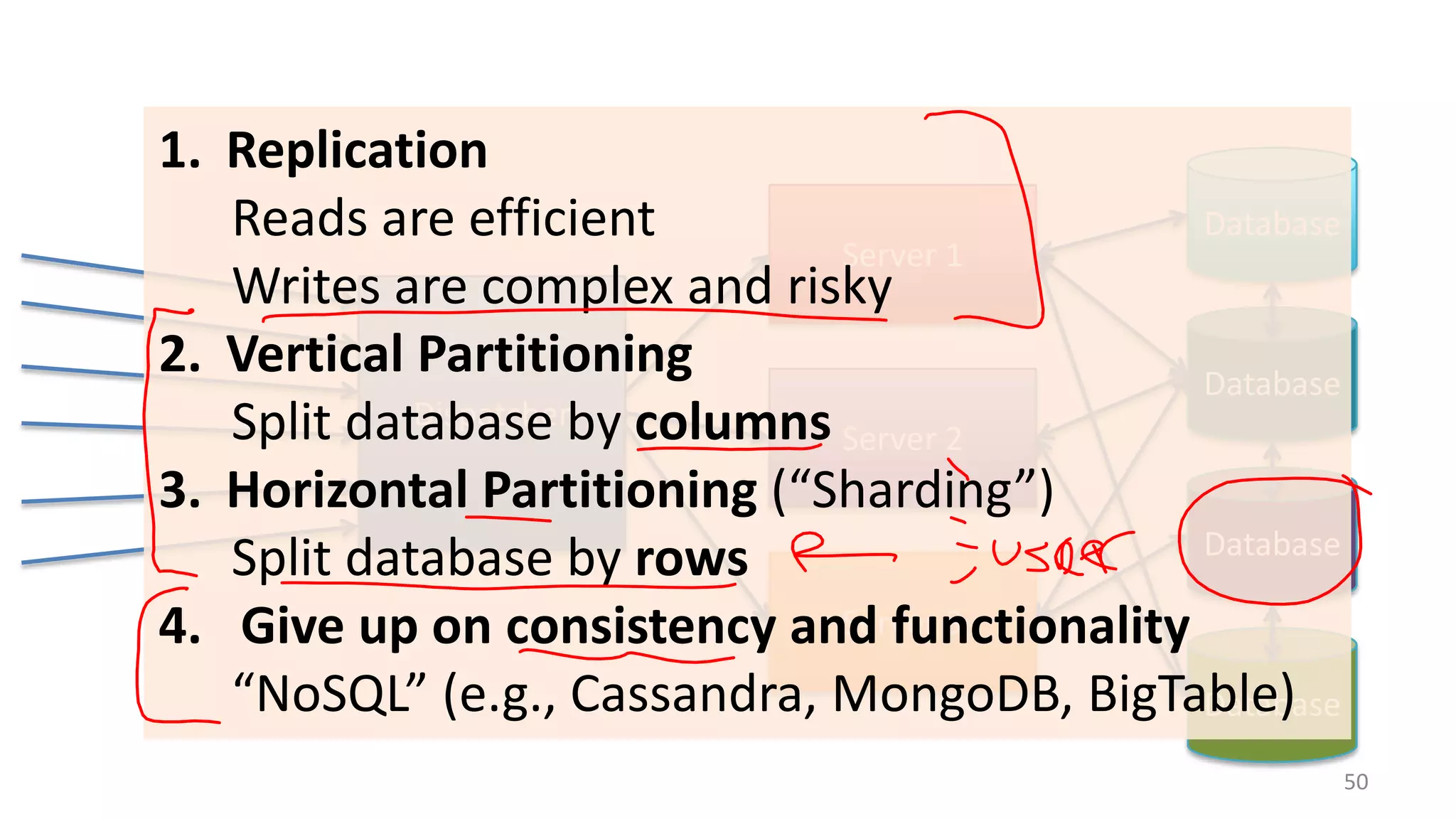 1. Replication
Database
Reads are efficient
Server 1
Writes are complex and risky
2. Vertical Partitioning
Database
Dispatcher
Split database by columns Server 2
3. Horizontal Partitioning (“Sharding”)
Database
Split database by rows
Server 3
4. Give up on consistency and functionality
“NoSQL” (e.g., Cassandra, MongoDB, BigTable)
Database
50

 