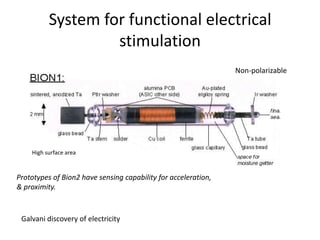 System for functional electrical stimulationNon-polarizableHigh surface areaPrototypes of Bion2 have sensing capability for acceleration, & proximity.  Galvani discovery of electricity