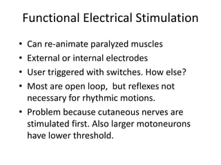 Functional Electrical StimulationCan re-animate paralyzed musclesExternal or internal electrodesUser triggered with switches. How else?Most are open loop,  but reflexes not necessary for rhythmic motions. Problem because cutaneous nerves are stimulated first. Also larger motoneurons have lower threshold. 